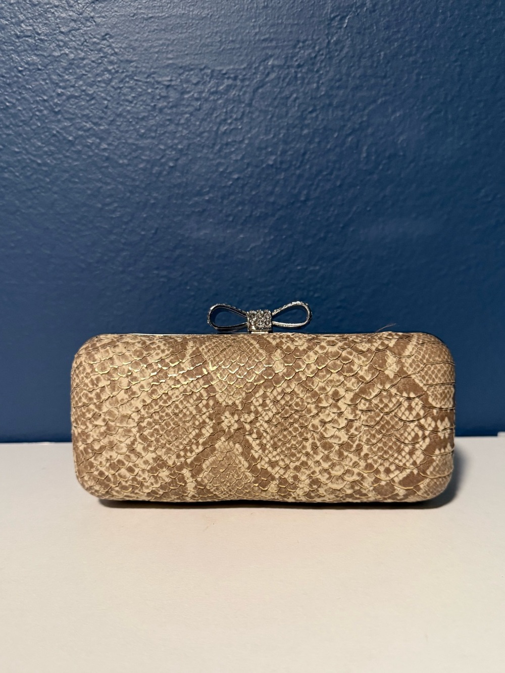 Expressions NYC Snakeskin Hard Case Minaudière Evening Clutch Bag Cream Brown